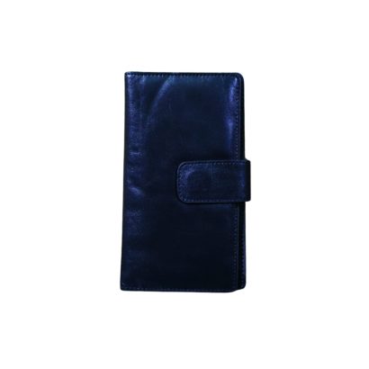 Front view of a men’s black genuine leather long wallet with smooth finish, stitched edges, and a flap closure on a white background.