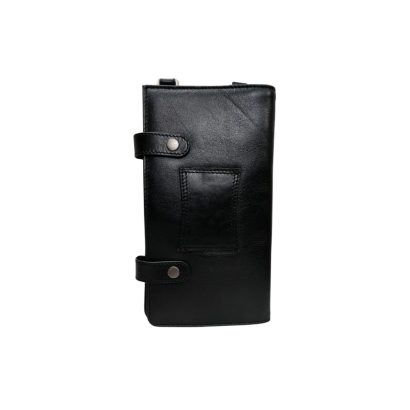 Black genuine leather messenger bag with wallet organizer, snap closure, and adjustable strap by Shabab Leather