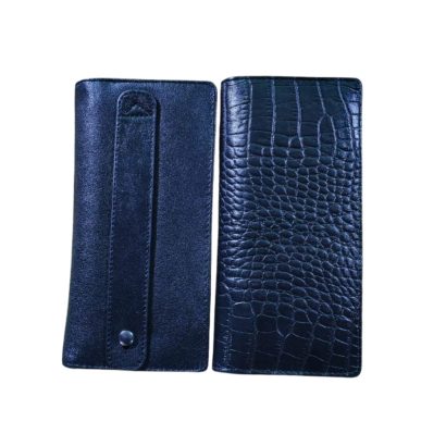 Front and back view of a black genuine leather gents wallet with a long strap and crocodile-patterned back side.