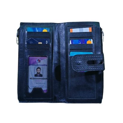 Interior view of black leather long wallet with multiple card slots, ID window, and zipper compartment