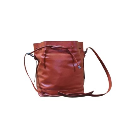 Brown leather bucket bag for women with drawstring closure and sling strap