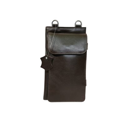 Chocolate brown genuine leather messenger bag with wallet organizer, flap closure, and adjustable strap by Shabab Leather