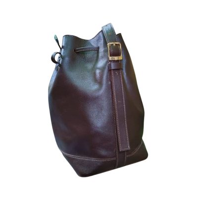 Dark brown leather bucket bag for women with drawstring and buckle strap