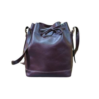 Black leather bucket bag for women with drawstring closure and adjustable shoulder strap