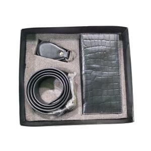 Black leather gift set for men with long wallet, belt, and keyring in presentation box