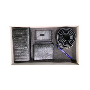 Men’s black leather gift set with long wallet, short wallet, card holder, belt, and pen