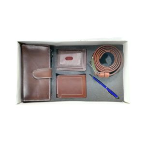 Men’s brown leather gift set with long wallet, short wallet, card holder, belt, and pen