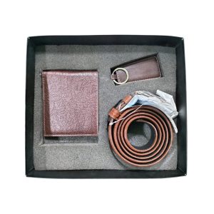 Men’s brown leather gift set with wallet, belt, and keyring in a presentation box