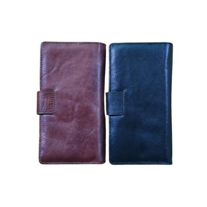 Back view of two men’s genuine leather long wallets in brown and black, placed side by side on a white background.