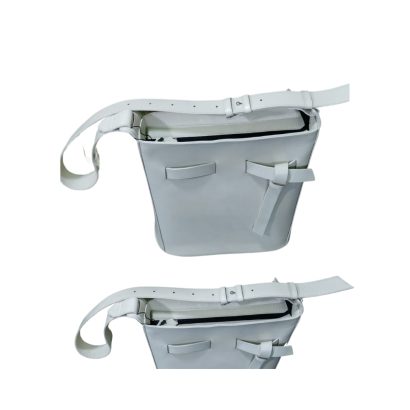 "Top view of off-white women’s leather shoulder bag with adjustable strap and minimalist knot design."