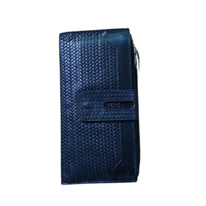 Premium black leather long wallet with woven texture and secure strap closure