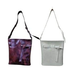 "Women’s leather shoulder bags in brown and off-white with minimalist design and front knot detail."