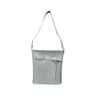 "Women’s off-white leather shoulder bag with minimalist design and front knot detail."