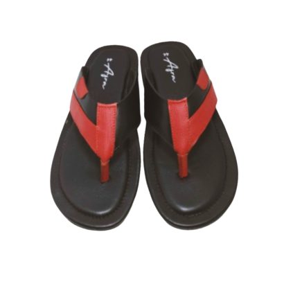 Men’s black leather toe-post sandals with red strap design and cushioned footbed.
