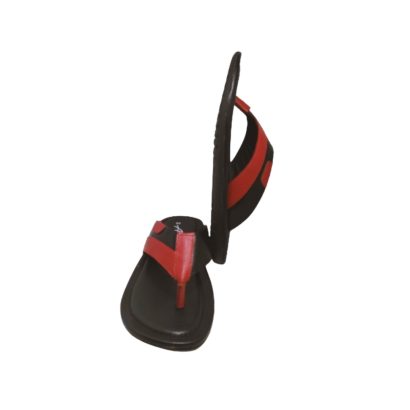 Side-angle view of black and red men’s leather toe-post sandal with cushioned sole.