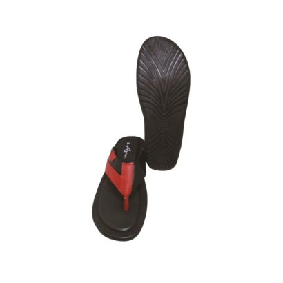 Black and red men’s leather toe-post sandal with detailed anti-slip sole view.