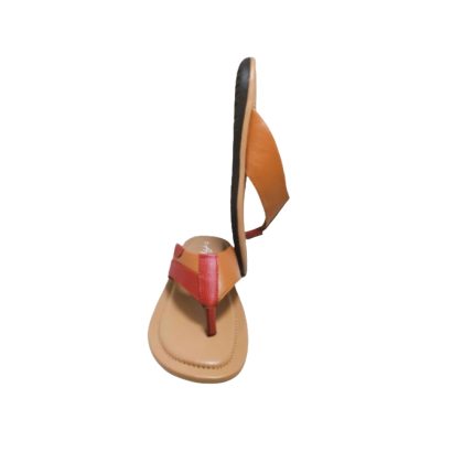 Side view of a men’s authentic leather toe-post sandal in tan and red with cushioned footbed.