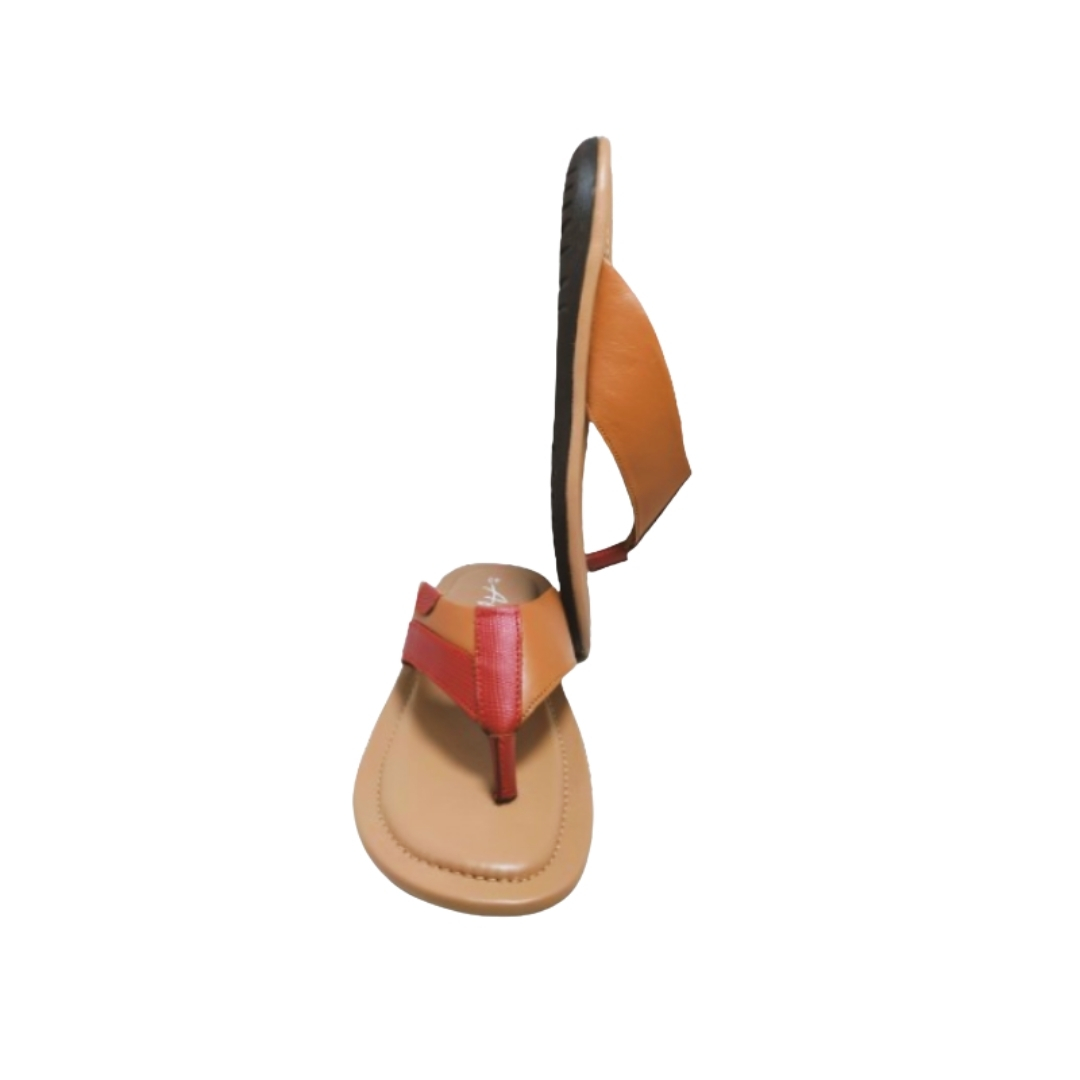 Side view of a men’s authentic leather toe-post sandal in tan and red with cushioned footbed.