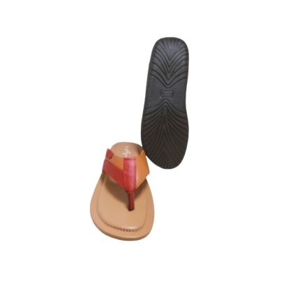 Men’s authentic leather toe-post sandal in tan and red with a detailed view of the anti-slip black rubber sole.