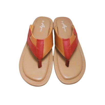 Men’s authentic leather toe-post sandal in tan and red color with cushioned footbed and durable sole.