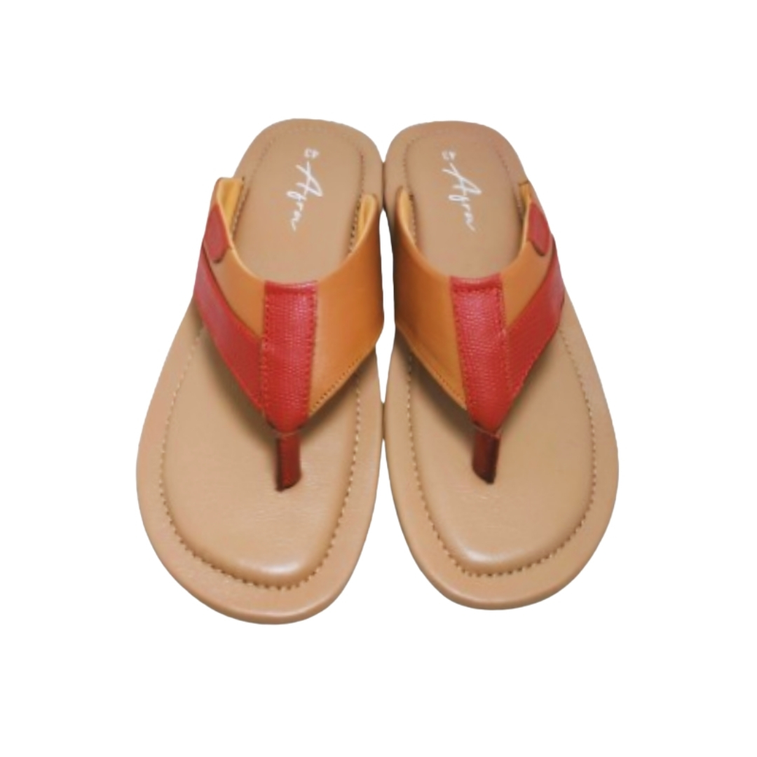 Men’s authentic leather toe-post sandal in tan and red color with cushioned footbed and durable sole.