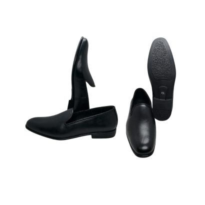 Black leather men’s slip-on shoe with durable sole, handmade in Bangladesh