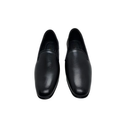 Front view of black leather men’s slip-on shoe handmade in Bangladesh