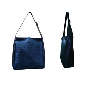 Side view of black leather women’s shoulder bag with adjustable strap