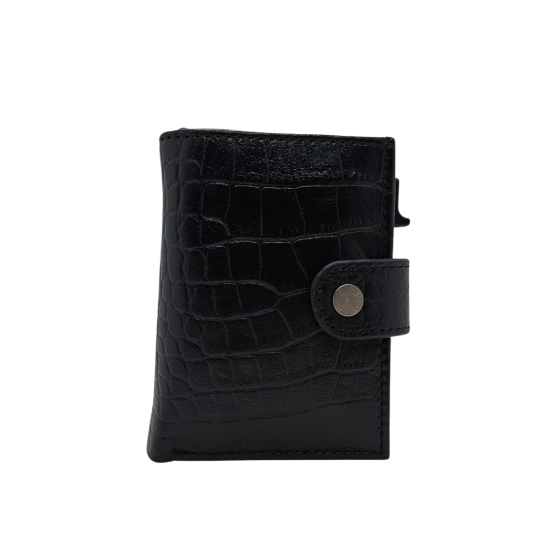 Black crocodile-textured men’s leather card holder wallet with snap-button closure and card ejector.