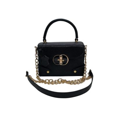 Black textured women’s leather handbag with gold chain strap, top handle, and gold twist-lock closure.