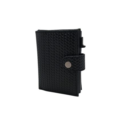 Black textured men’s leather card holder wallet with snap-button closure and card ejector.