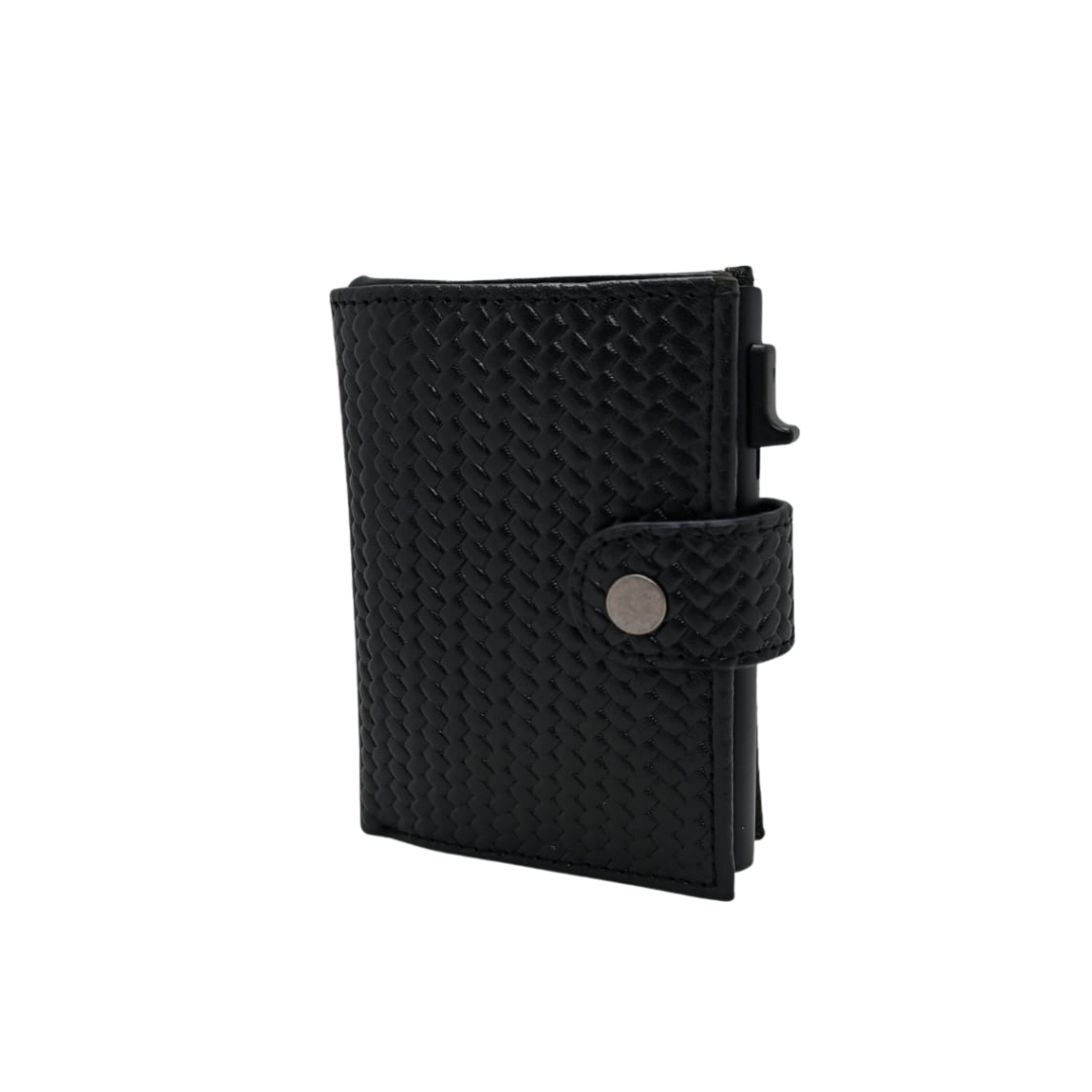 Black textured men’s leather card holder wallet with snap-button closure and card ejector.