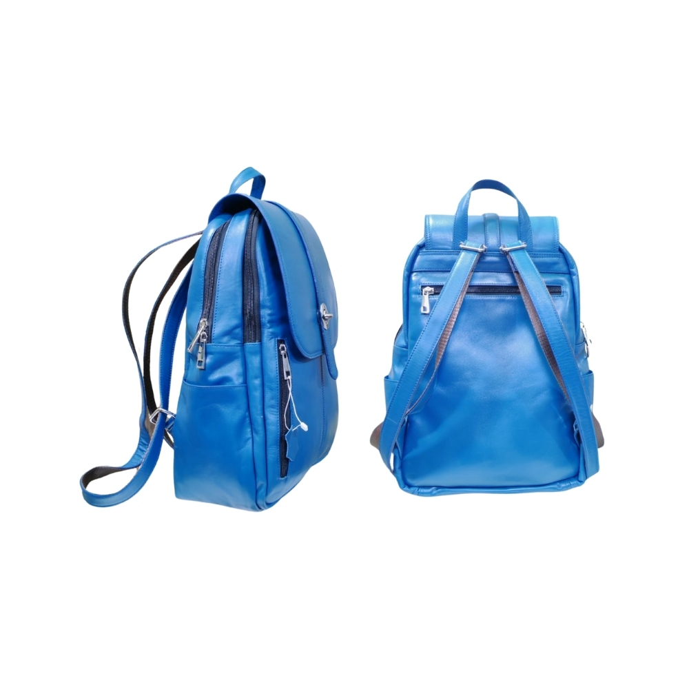 Side and back view of blue leather backpack handmade in Bangladesh