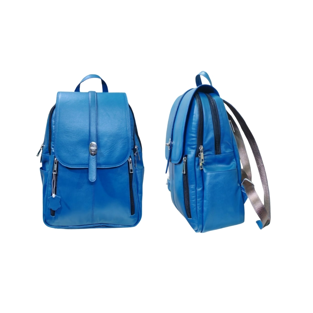 Blue leather backpack handmade in Bangladesh with front and side view