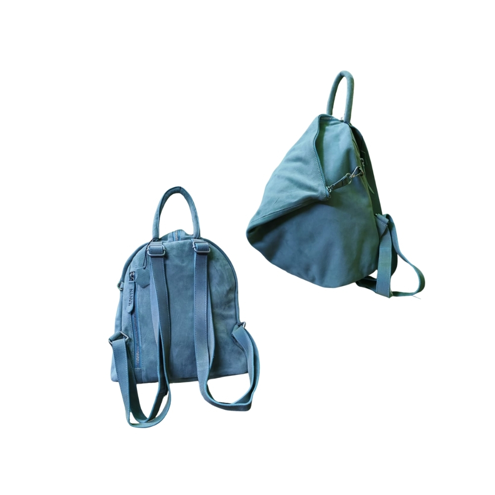 Blue leather ladies backpack handcrafted in Bangladesh showing front and side views with adjustable straps