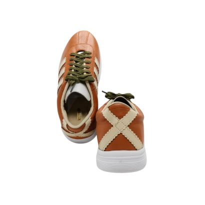 "Brown casual sneakers with cream stripes and X-back design, shown in front and back view."
