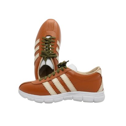 "Brown casual sneakers with cream stripes and lightweight cushioned sole."