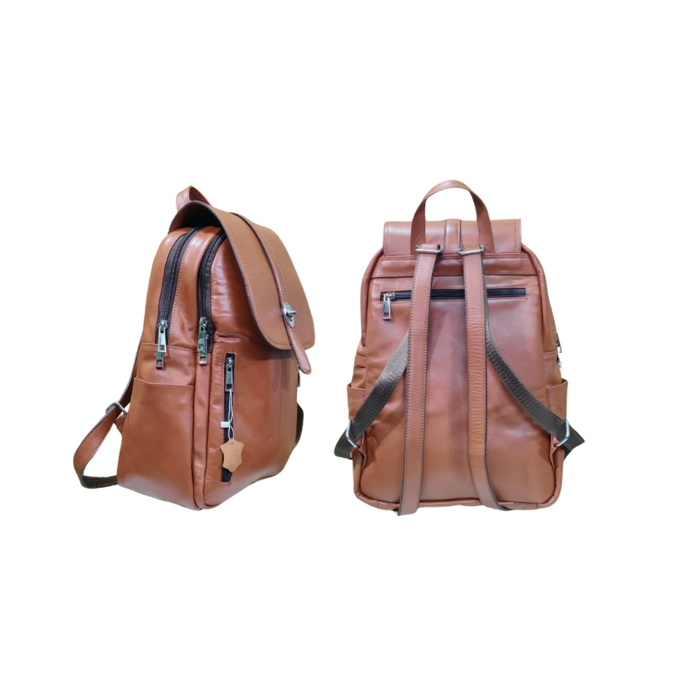 Side and back view of brown leather backpack handmade in Bangladesh