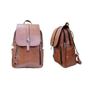 Brown leather backpack handmade in Bangladesh with front and side view