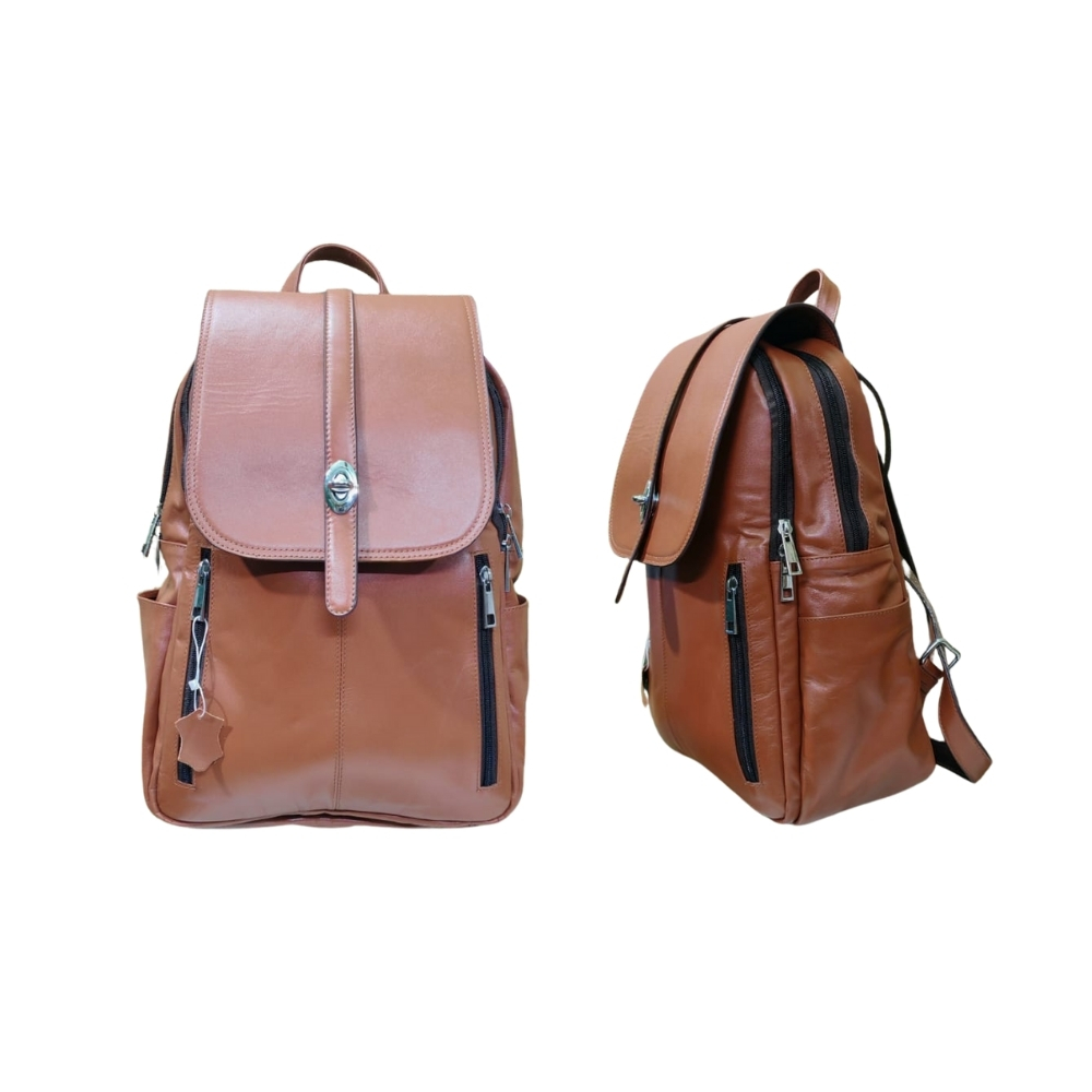 Brown leather backpack handmade in Bangladesh with front and side view