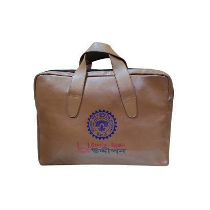 Brown leather corporate bag with custom logo print