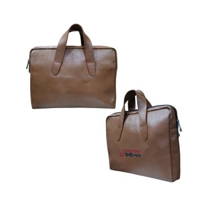 Angled view of brown leather corporate office bag with zipper closure