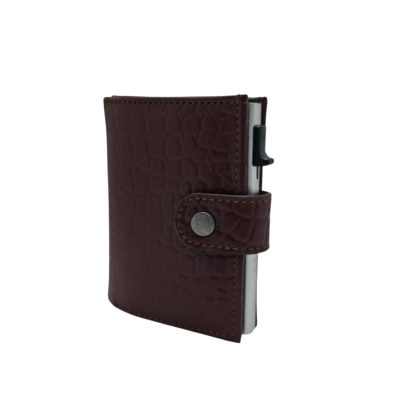 Brown textured men’s leather card holder wallet with snap-button closure and metal card ejector.