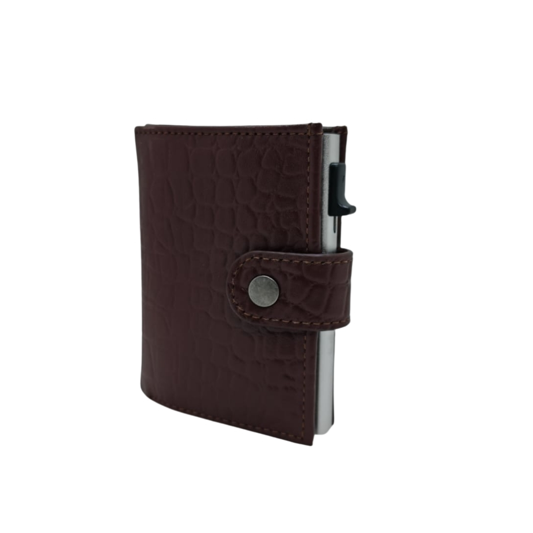 Brown textured men’s leather card holder wallet with snap-button closure and metal card ejector.