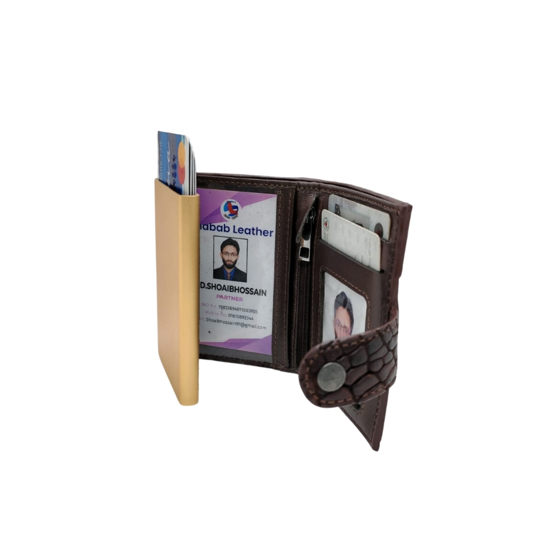 Open brown men’s leather wallet showing multiple card slots, ID window, zipper pocket, and an RFID card holder.