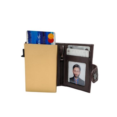 Open brown men’s leather wallet showing RFID card holder, multiple card slots, zipper pocket, and ID window.