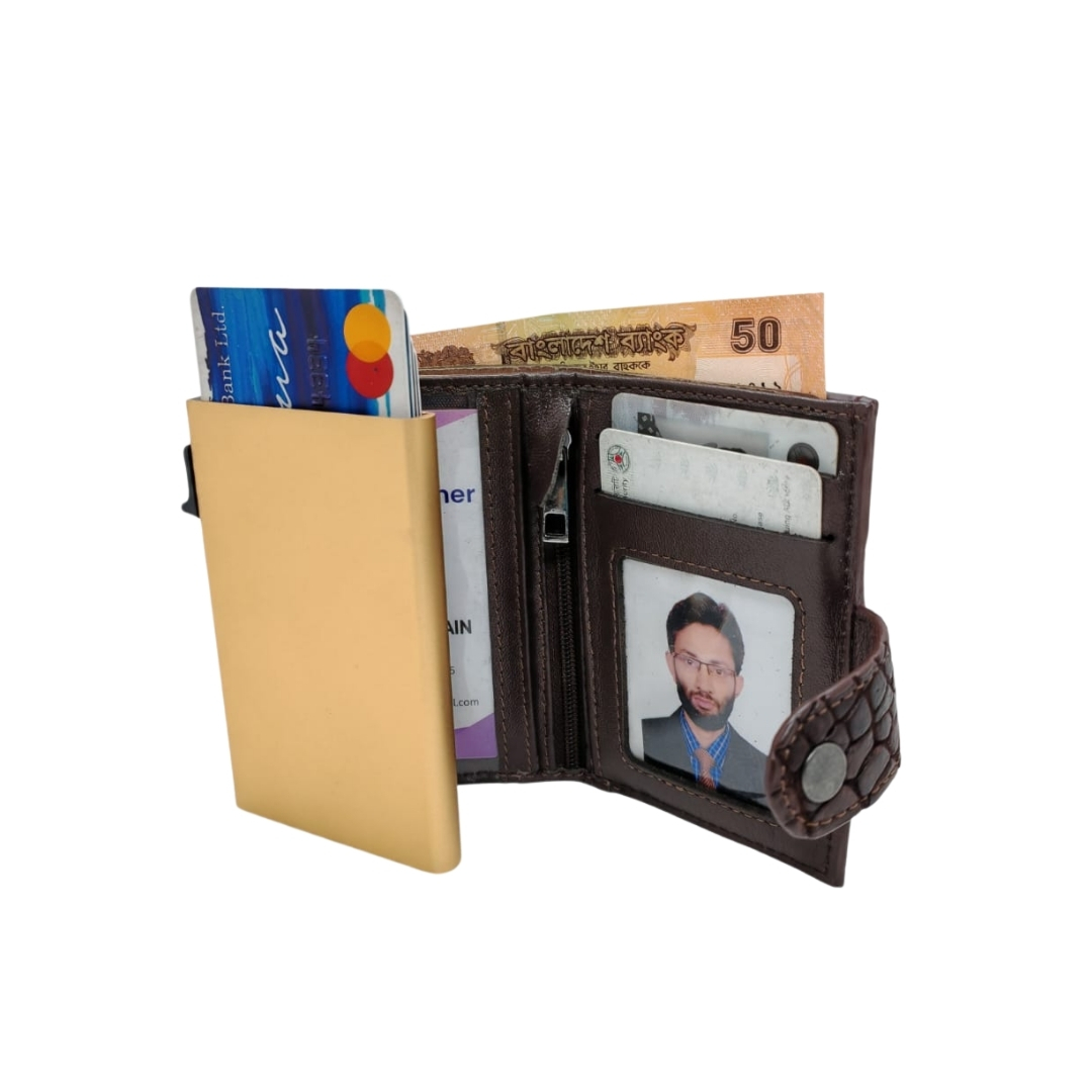 Open brown men’s leather wallet displaying RFID card holder, cash compartment, ID window, zipper pocket, and multiple card slots.