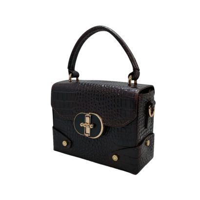Brown textured women’s leather handbag with a top handle and gold twist-lock closure.