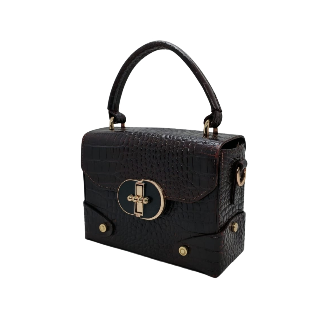 Brown textured women’s leather handbag with a top handle and gold twist-lock closure.