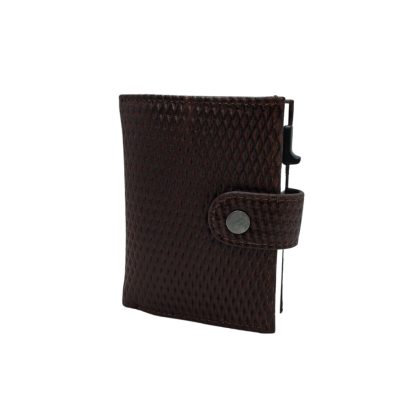 brown textured wallet, men’s leather wallet, RFID card holder wallet, slim leather wallet, snap button wallet, premium leather card holder, stylish gents wallet, compact men’s wallet, diamond pattern wallet, durable leather wallet
